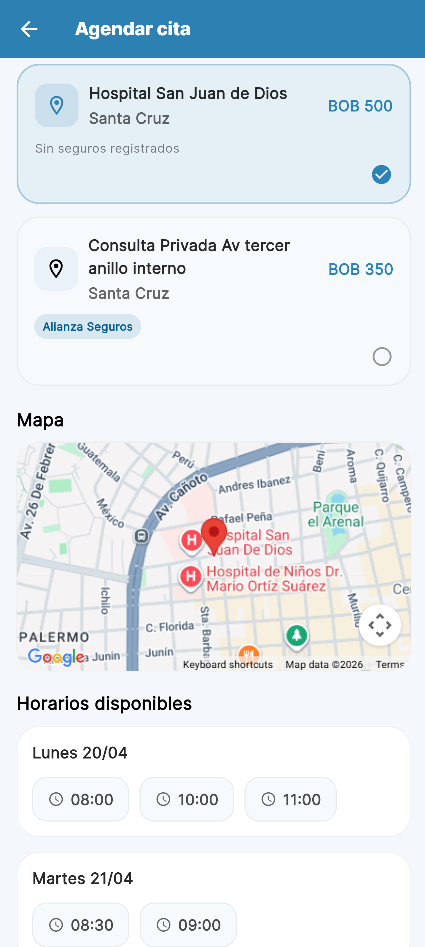 Pantalla de Clínicapp para agendar una cita médica, con horarios disponibles